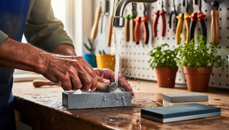 Close-up of a gardener cleaning a water sharpening stone with a nagura under a running faucet, with an oil stone and diamond plate on a wooden workbench and blurred garden tools in the background.