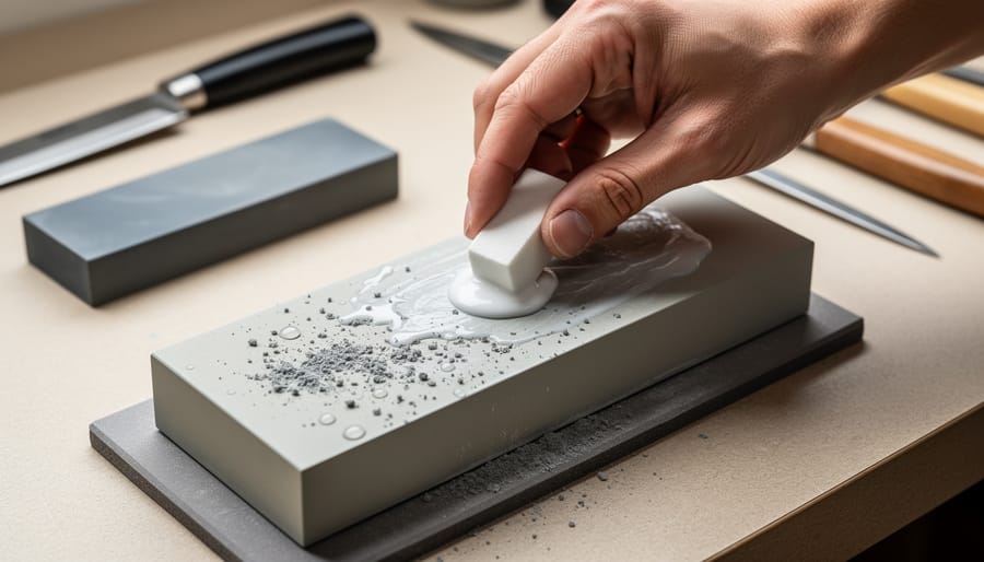 Hands cleaning a water stone with nagura stone under running water