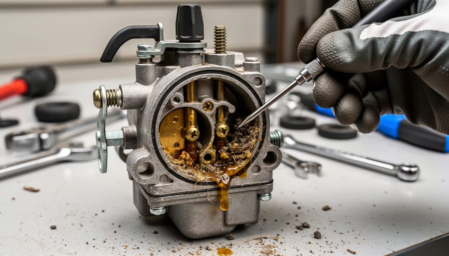 Close-up of dirty riding mower carburetor showing fuel deposits and contamination