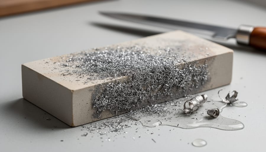 Close-up of clogged sharpening stone surface showing embedded metal particles and residue