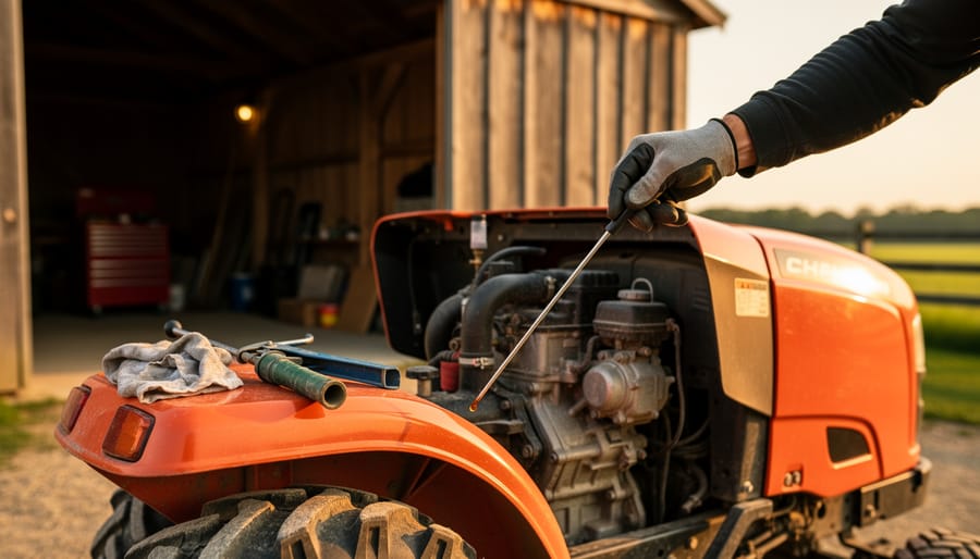 Gloved hand pulling oil dipstick on a compact utility tractor with grease gun and rag nearby, barn and pasture softly blurred in the golden hour background.
