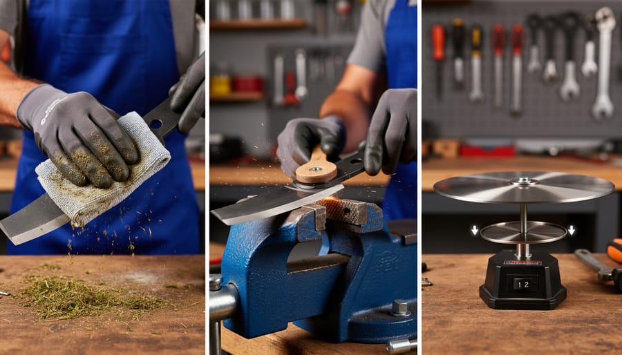Overhead view of mower blade maintenance tools including blade, balancer, file, and safety equipment