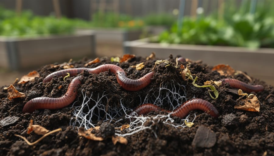 Close-up of earthworms and white fungal mycelium in dark compost showing active soil biology