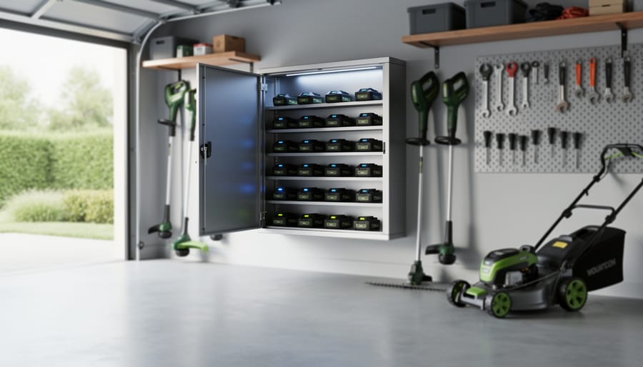 Wall-mounted charging cabinet with several cordless tool batteries docked and charging, with a lawn trimmer and mower nearby in a clean, well-lit garage; background pegboard tools softly blurred.