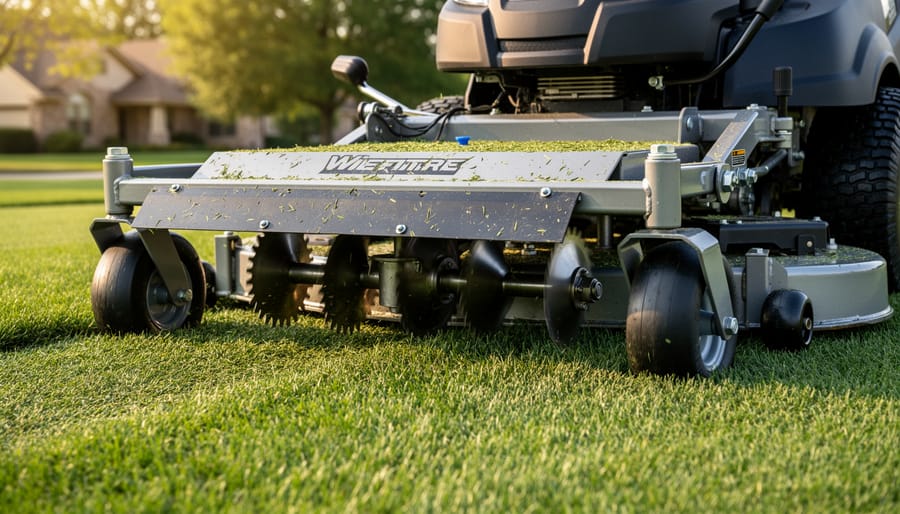 Underside view of lawn tractor cutting deck showing blade configuration and construction