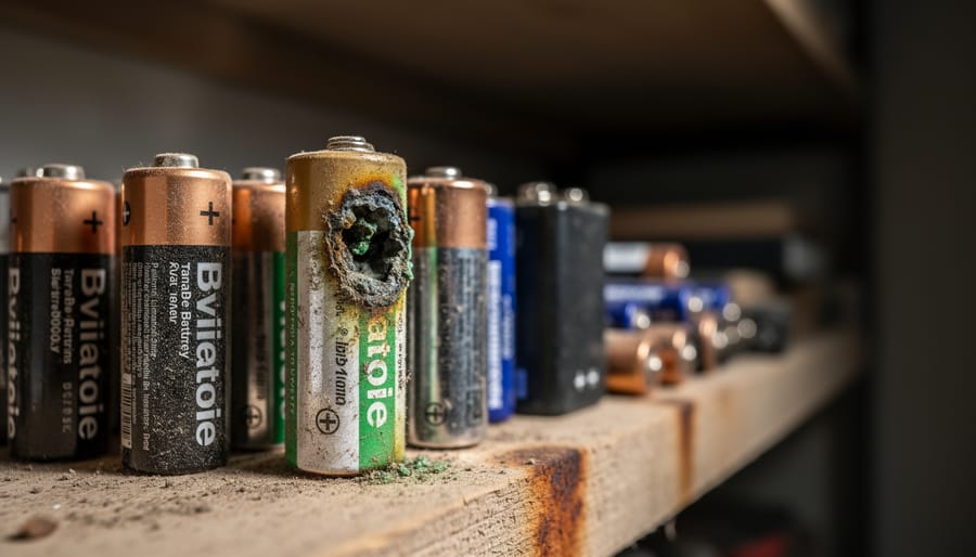 Close-up of corroded and dusty cordless tool batteries on garage shelf