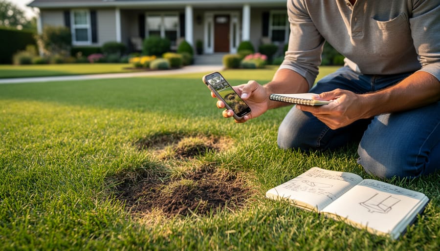 Homeowner photographing lawn damage with smartphone for diagnostic documentation