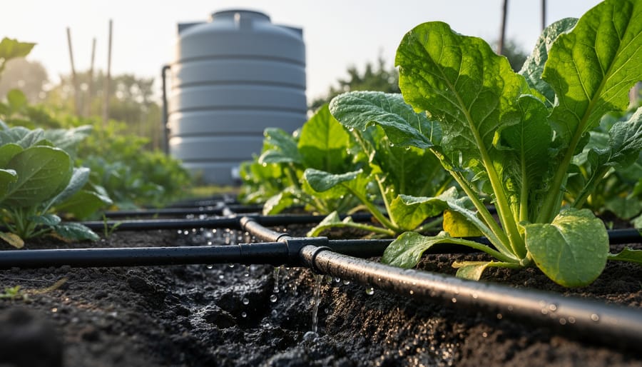 Close-up of drip irrigation emitter delivering water to garden plants