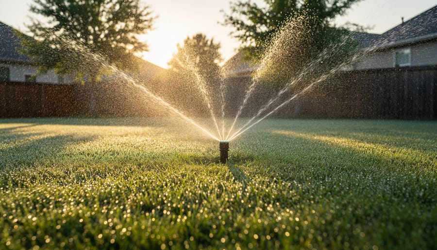 Lawn sprinkler watering green grass in early morning sunlight