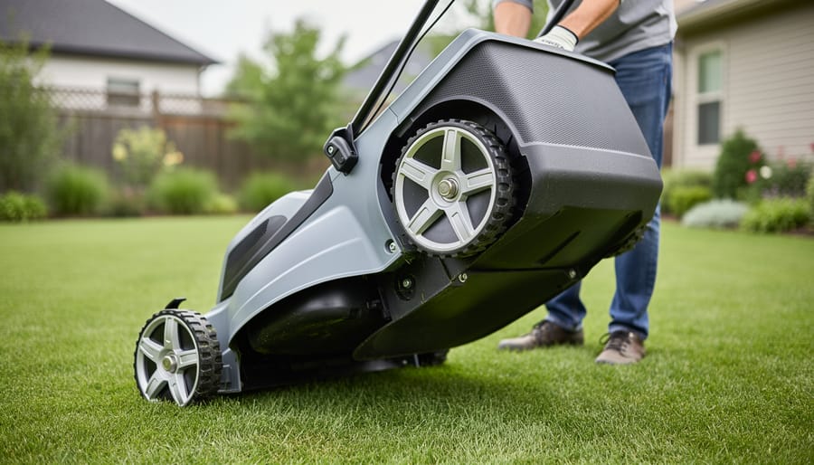 Homeowner wearing gloves tilts a battery-powered electric mower to examine the direct-drive blade hub under the deck, with no belt visible, while the rear wheel drive housing is softly blurred in a backyard setting.