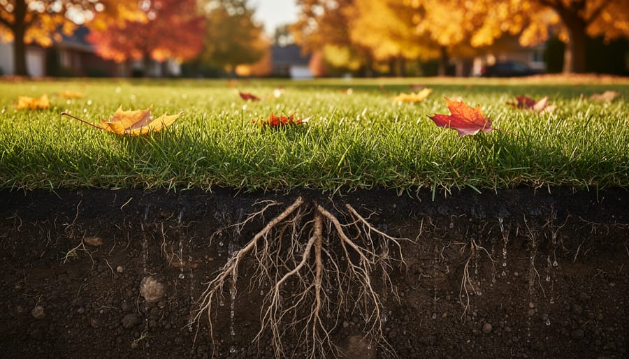 Cross-section view showing deep grass root system growing through layers of dark soil