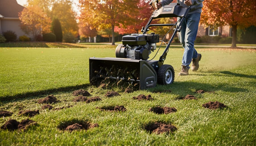 Person aerating fall lawn with soil plugs visible on grass surface