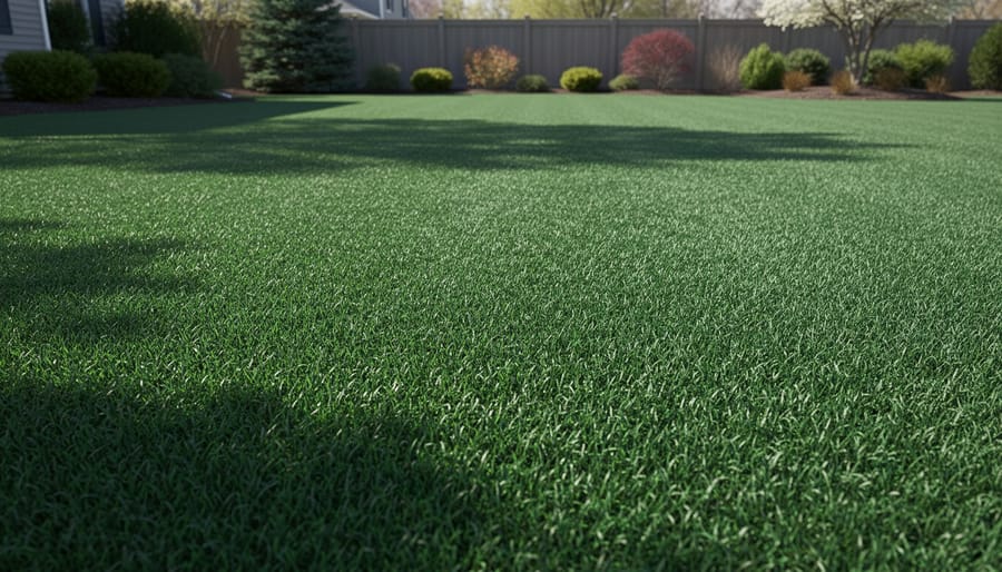 Hands spreading grass seed over healthy fall lawn during overseeding