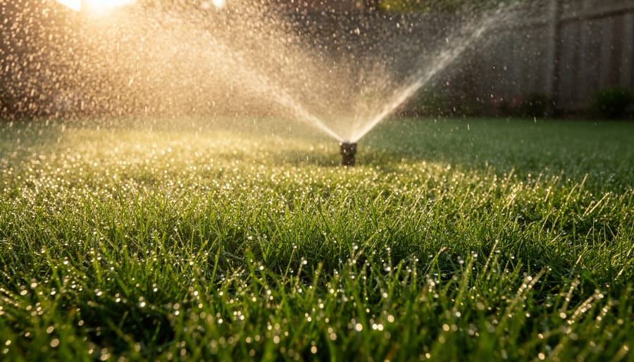 Close-up of grass blades with morning dew droplets