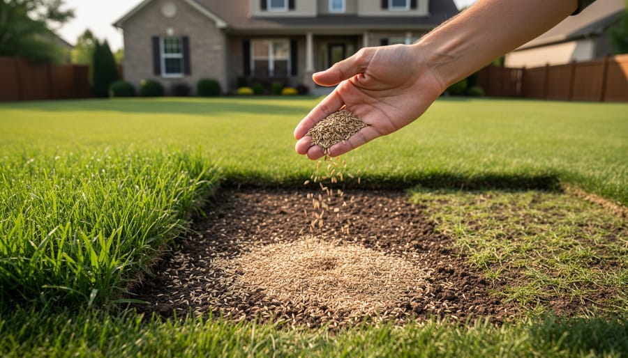 Close-up of grass seed properly distributed on prepared soil surface