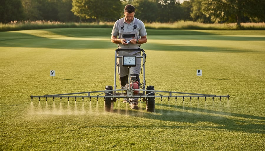 Person walking with boom sprayer on lawn demonstrating proper ground speed measurement
