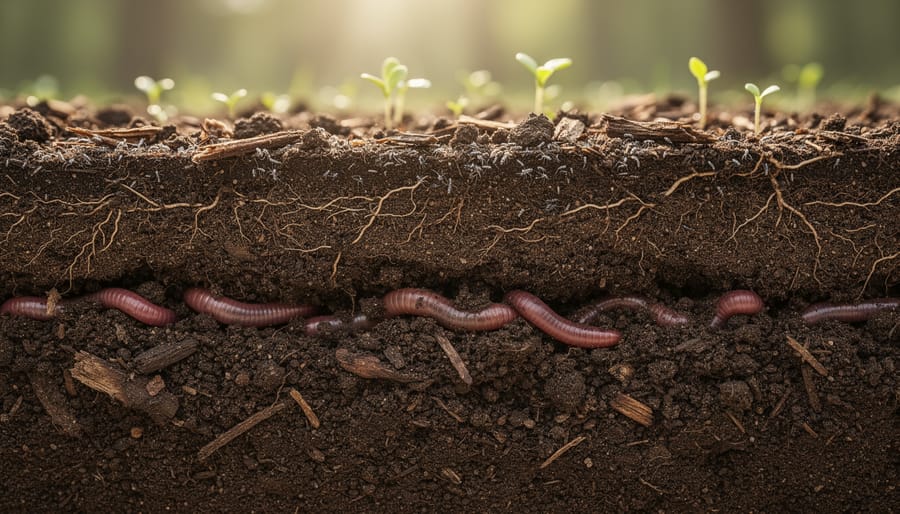 Close-up of dark healthy soil held in hands showing texture and earthworm