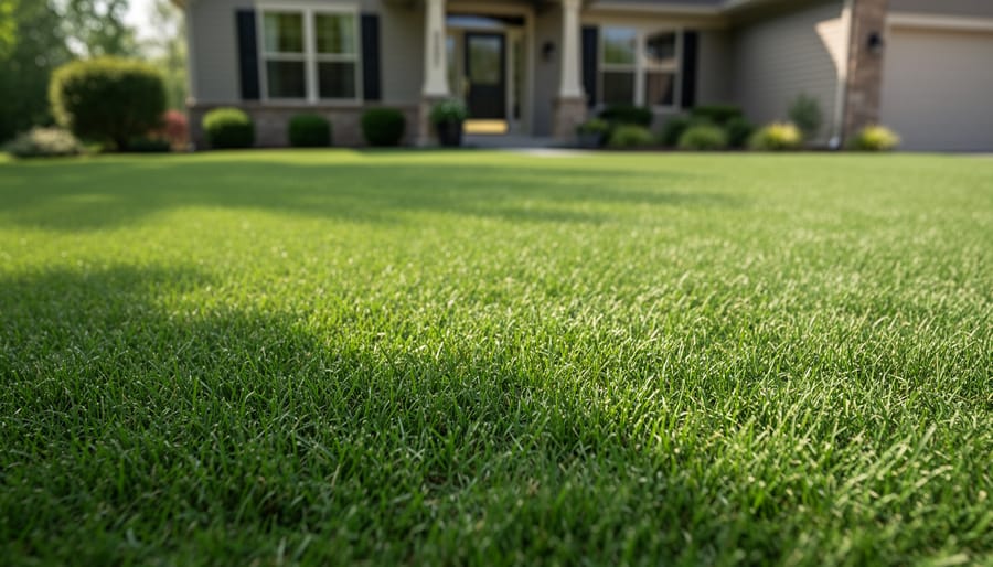 Low-angle view of thick healthy lawn grass showing results of proper overseeding