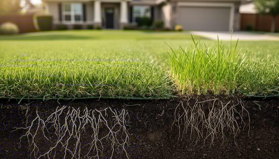 Healthy lawn with visible strong root system showing preventive care results