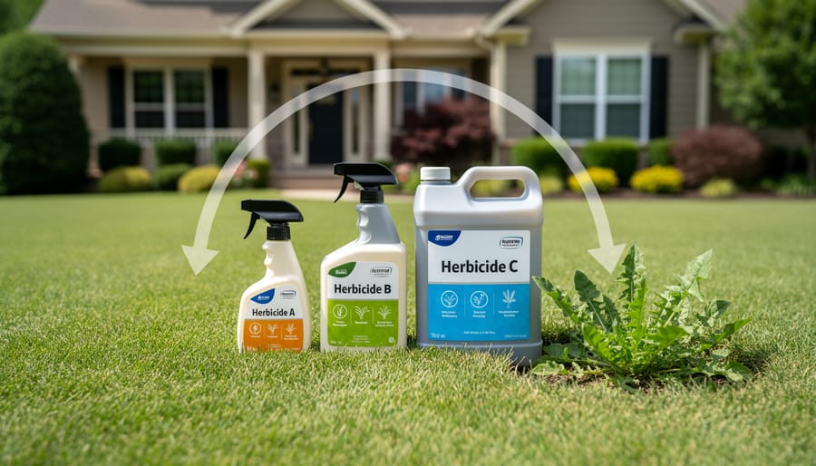 Hand holding multiple herbicide bottles demonstrating product rotation strategy