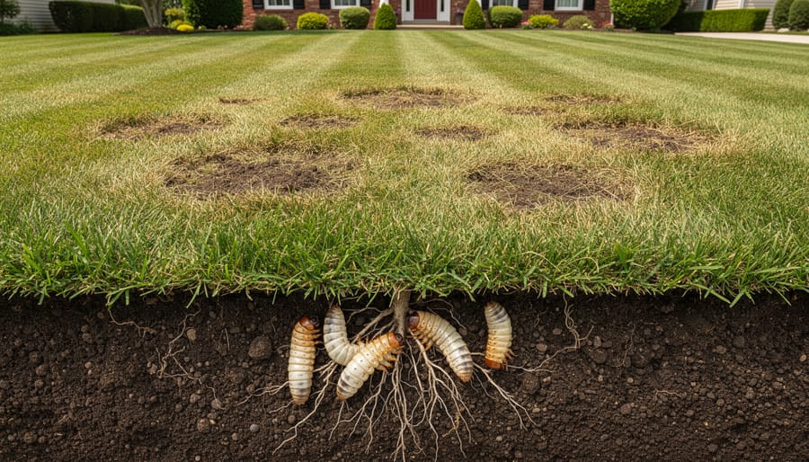 Close-up of white grubs and damaged grass roots in soil revealing hidden pest problem