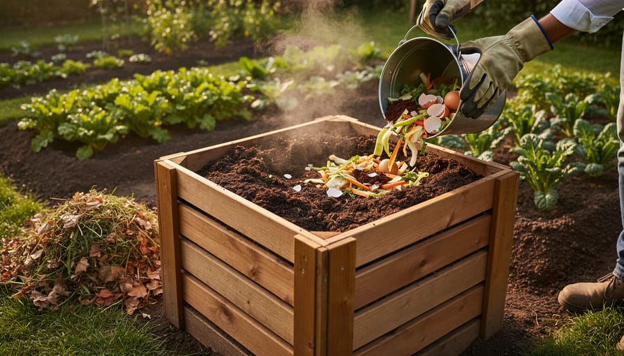 Overhead view of wooden compost bin with layered organic materials