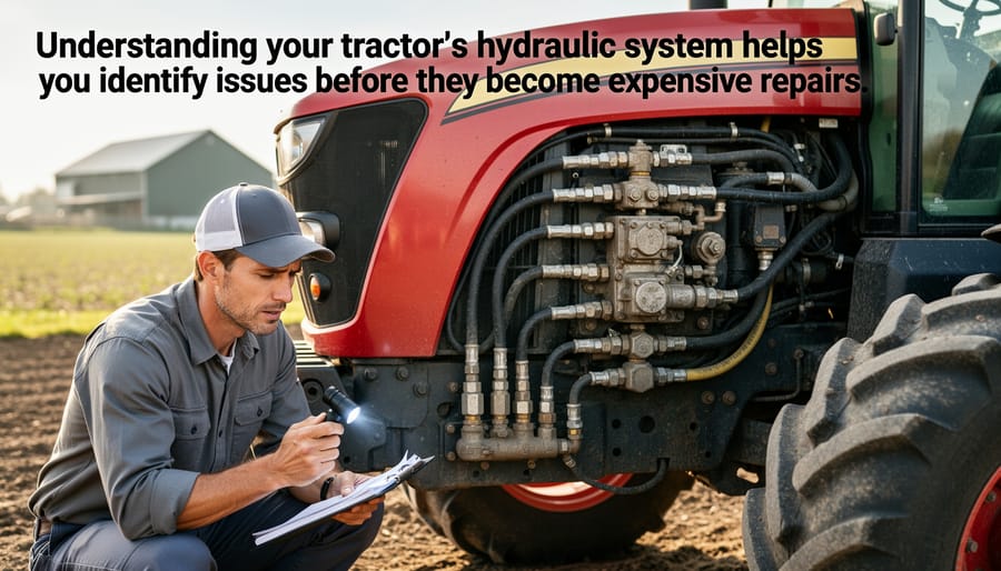 Person inspecting hydraulic loader arm connections on compact tractor