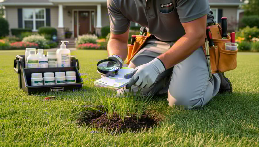 Hands in gloves inspecting grass and removing small weed from healthy lawn