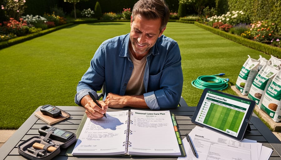 Lawn care journal, smartphone, and tools laid out for seasonal planning