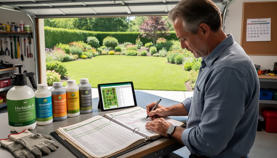 Notebook and smartphone on grass showing lawn care tracking and calendar planning