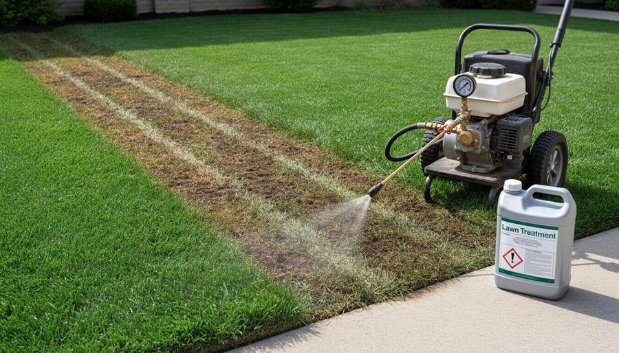 Damaged lawn showing yellow patches and brown spots from chemical over-application
