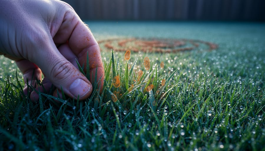 Ground-level close-up of a hand parting dewy lawn grass at dawn, showing tiny blade lesions and orange rust powder on fingertips, with a blurred circular brown patch visible in the background.
