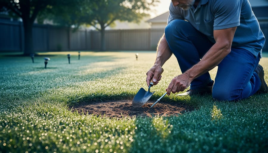 Person crouching on a dew-covered lawn at sunrise, closely inspecting a faint circular patch with a small trowel and screwdriver; shimmering dew rings visible with a blurred fence and trees in the background.