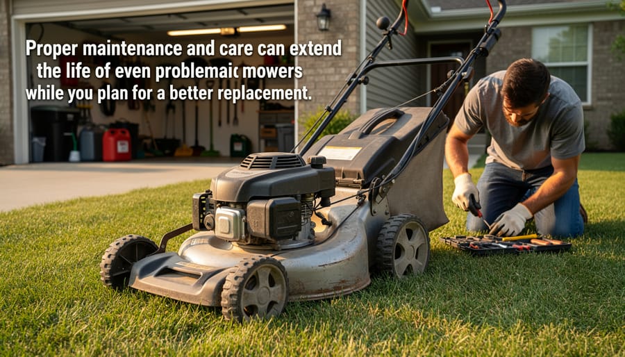 Homeowner performing maintenance and oil change on lawn mower in garage