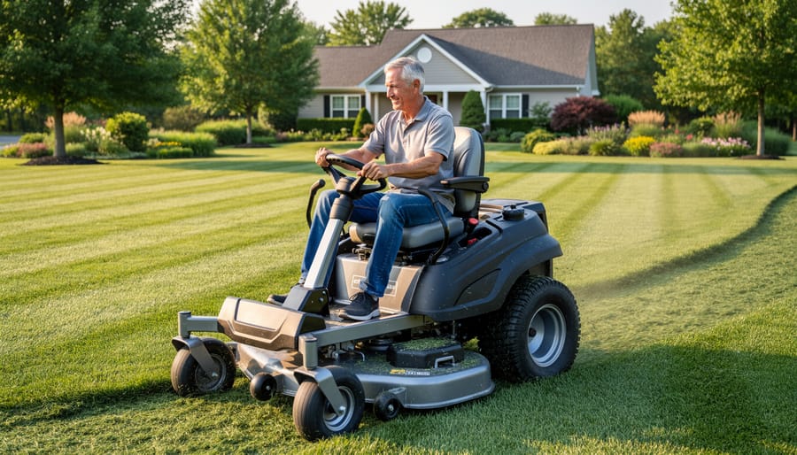 Operator seated comfortably on lawn tractor showing ergonomic features and controls