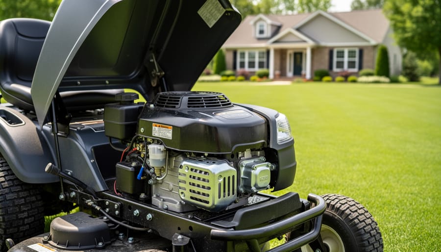 Close-up of lawn tractor twin-cylinder engine showing mechanical components