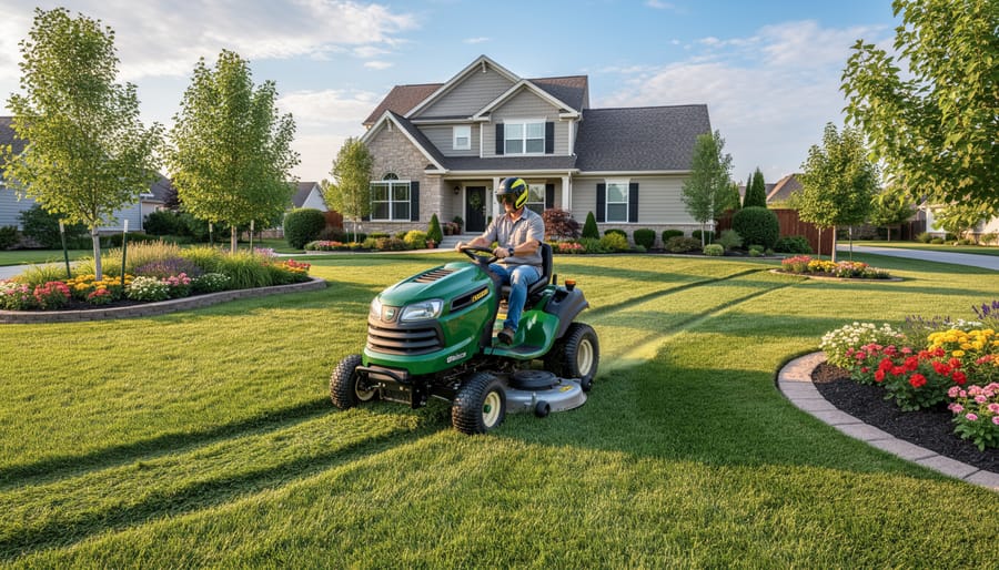 Lawn tractor mowing a one-acre residential property with trees and landscaping