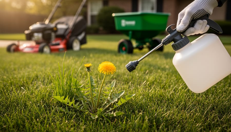 Close-up of a dandelion and young crabgrass in a dense green lawn as a gloved hand aims an herbicide sprayer, with a blurred mower and broadcast spreader in the background at golden hour.