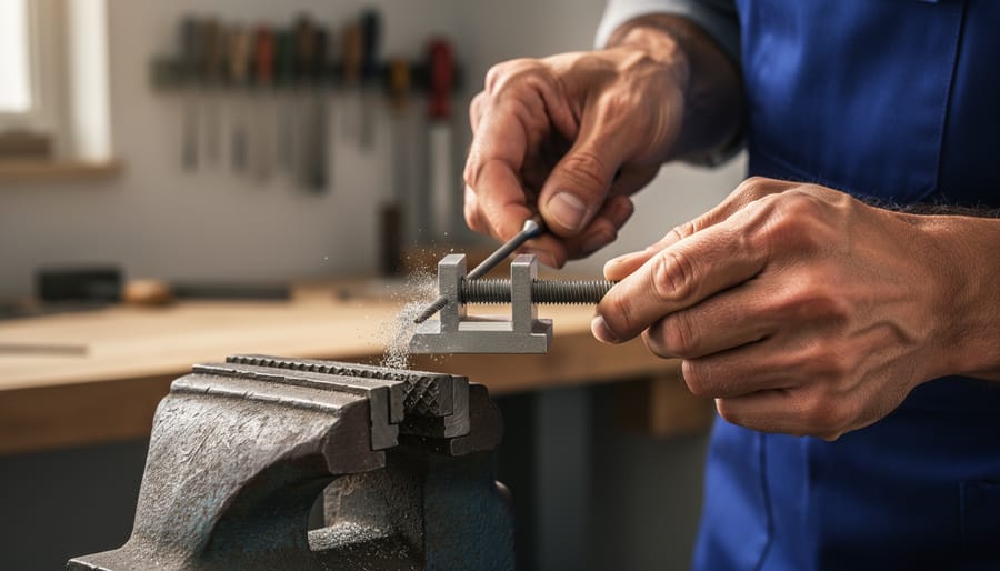 Person using round file to sharpen chainsaw chain teeth at correct angle