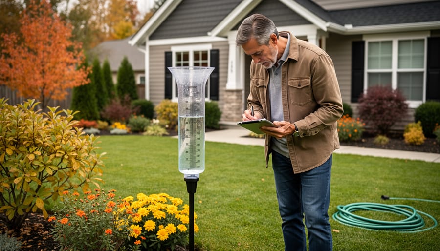 Homeowner checking rain gauge measurement in residential lawn during fall season