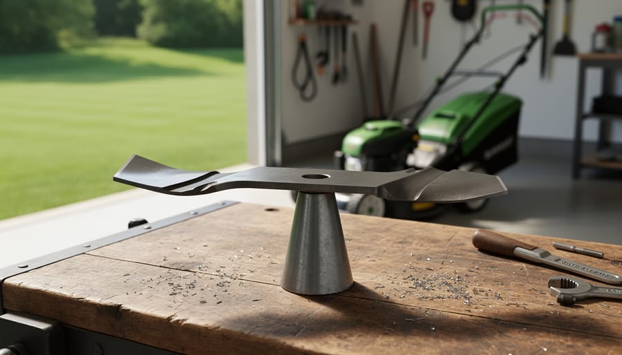 Close-up of a lawn mower blade balanced on a cone balancer on a wooden workbench, lit by soft daylight, with a push mower, hand tools, and green lawn blurred in the background.