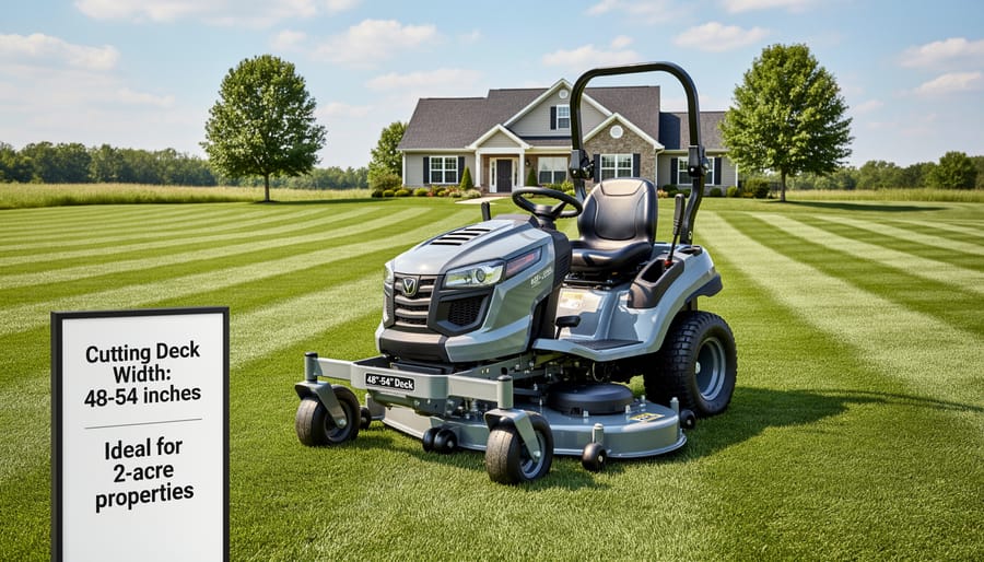 Close-up view of zero-turn mower cutting deck showing blade configuration and deck width