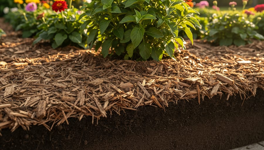 Residential lawn with wood chip mulch protecting garden bed soil
