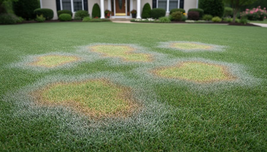 Close-up of lawn grass showing mysterious brown and yellow discoloration patterns