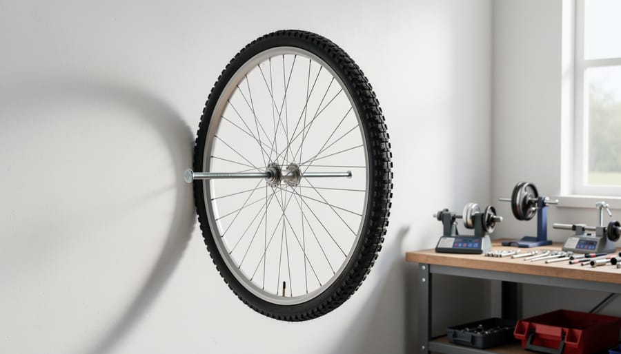 Lawn mower blade balanced on nail in wall for DIY balance testing