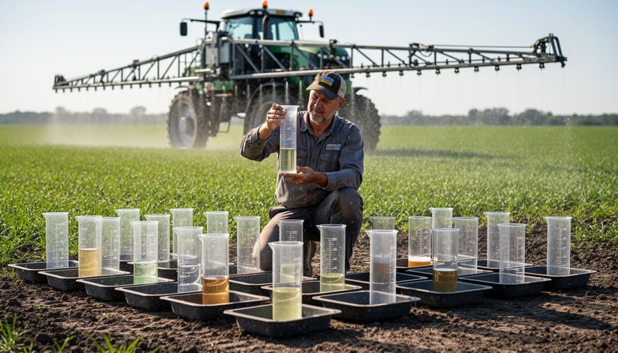 Hands collecting spray output from nozzle into measuring cup for calibration testing