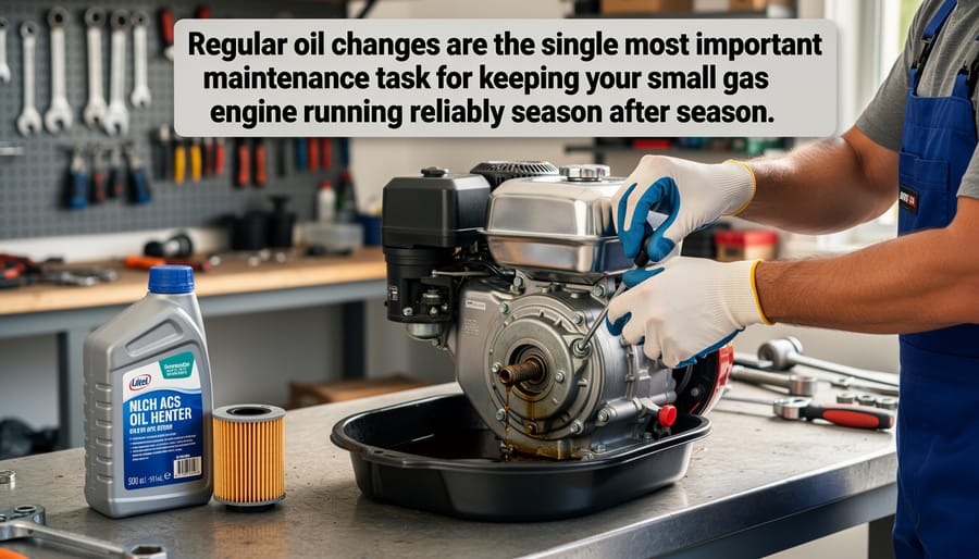 Person performing oil change on small gas lawn mower engine