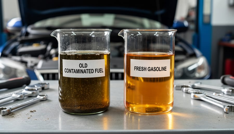 Comparison of old contaminated fuel and fresh gasoline in containers on workbench
