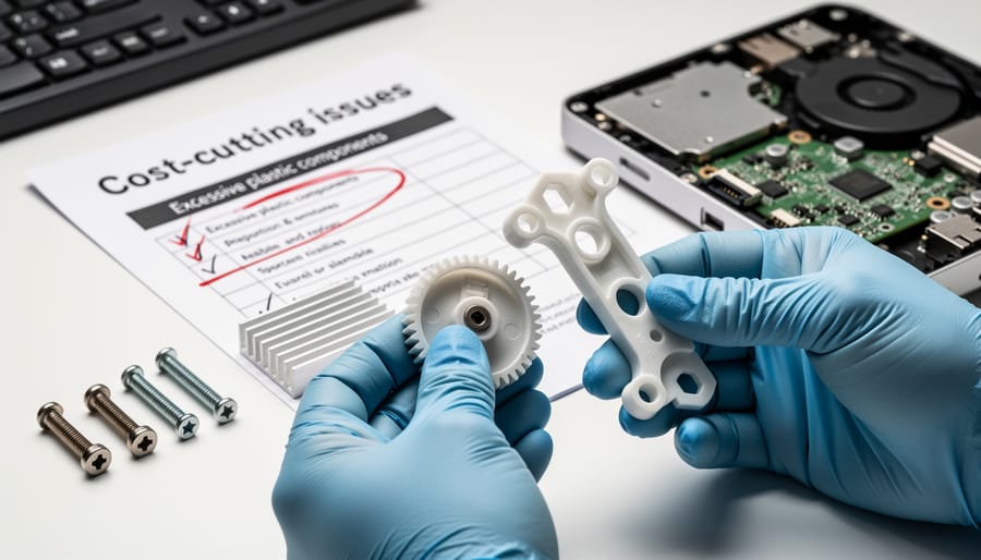 Close-up of cheap plastic lawn mower components showing cracks and poor quality