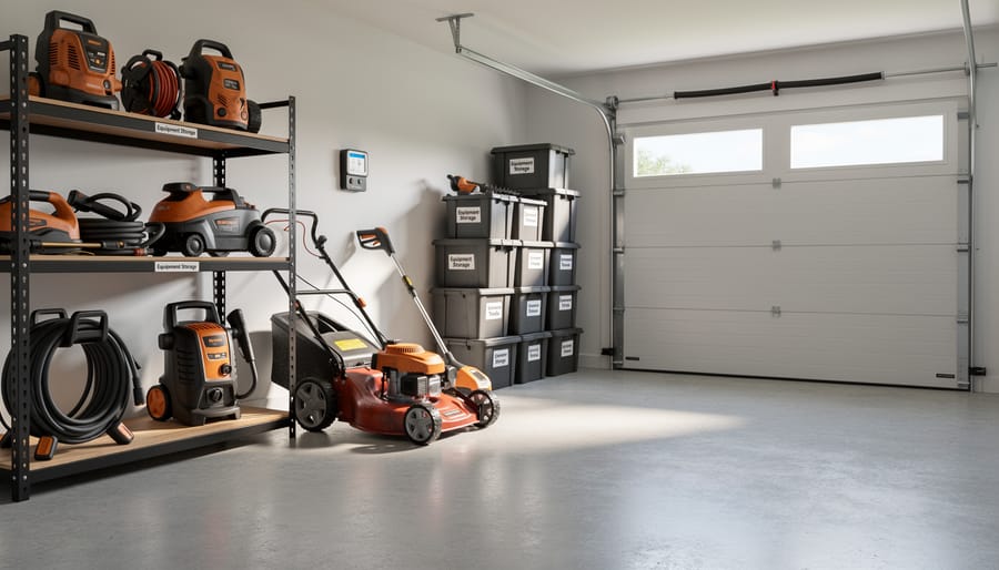 Lawn equipment properly stored in organized garage space